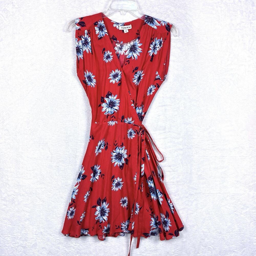Yumi Kim Dress Womens XS Red Blue Floral Wrap Preppy Boho Tomato Girl
